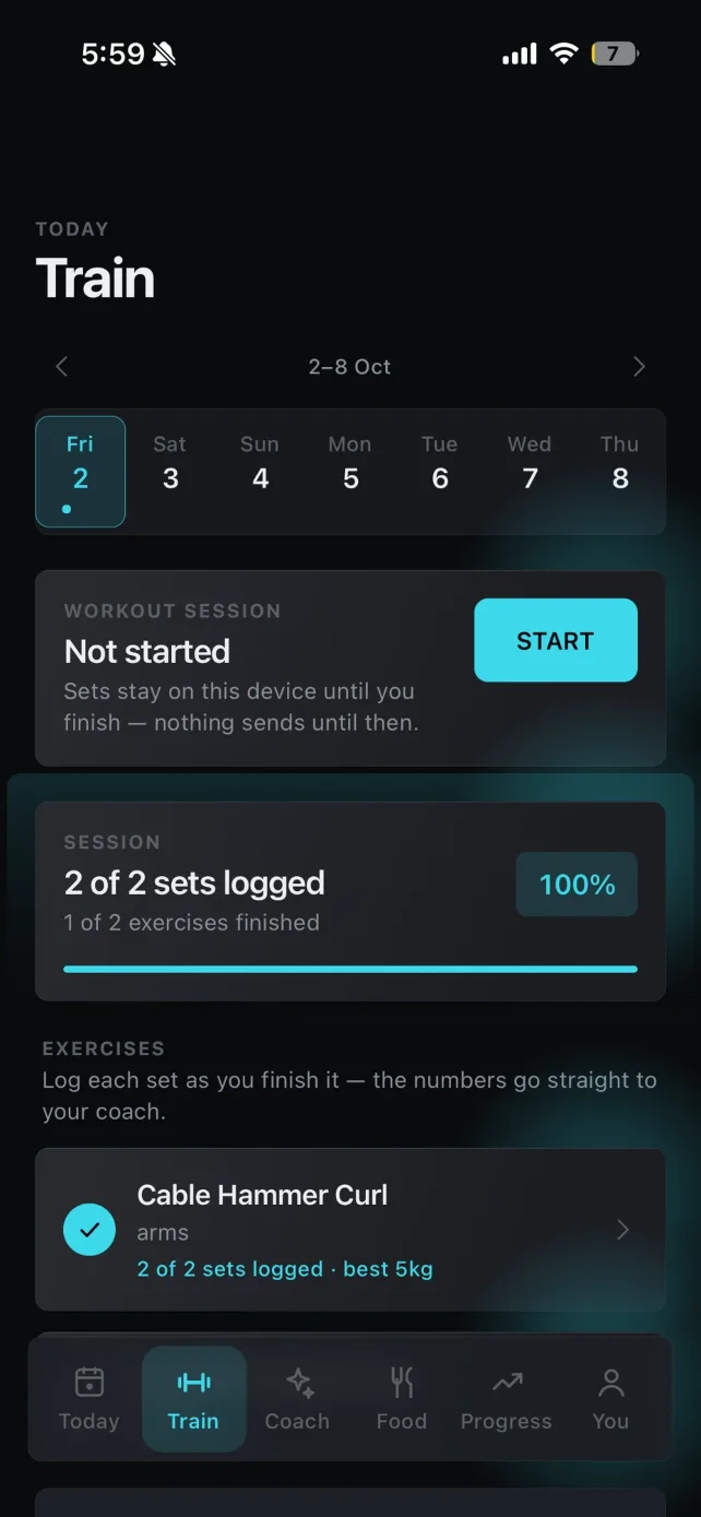 Train screen with workout logging