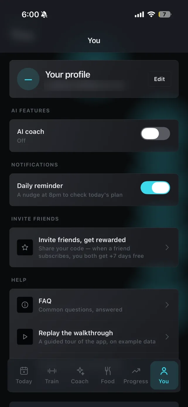 You screen with profile and goals